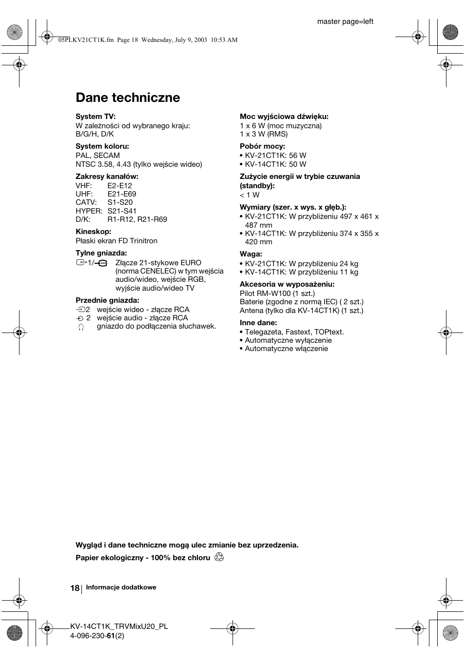 Dane techniczne | Sony KV-21CT1K User Manual | Page 90 / 128