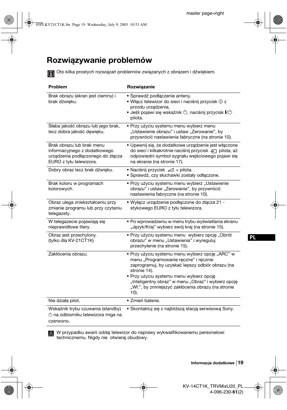 Rozwiązywanie problemów | Sony KV-21CT1K User Manual | Page 91 / 128