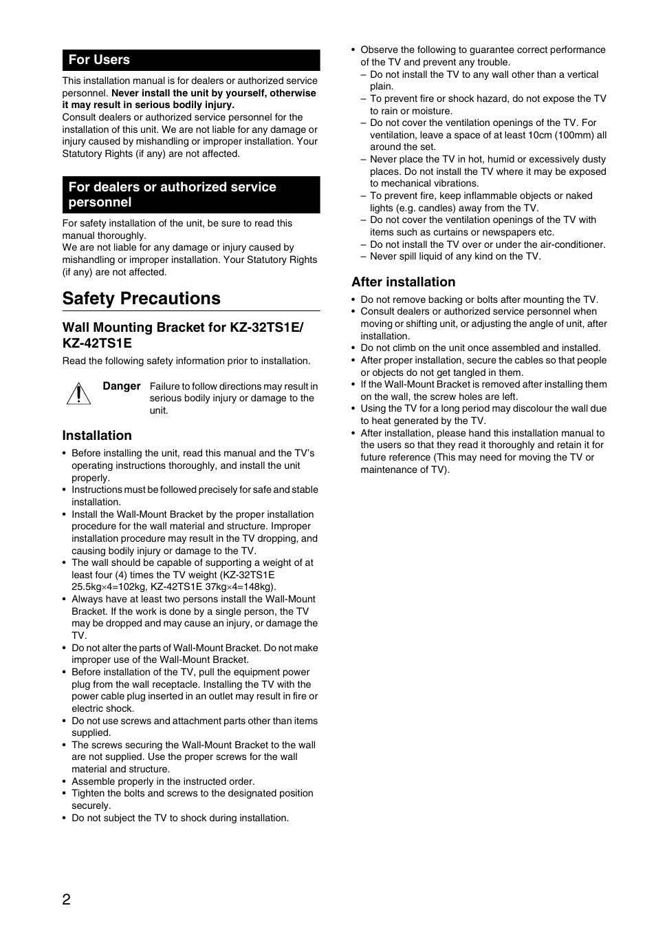 Safety precautions, Wall mounting bracket for kz-32ts1e/ kz-42ts1e, Installation | After installation, For users, For dealers or authorized service personnel | Sony SU-WTS1 User Manual | Page 2 / 68