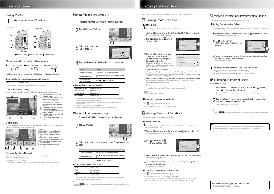 Enjoying network services enjoying a slideshow, Playing photos, Playing videos | Playing music, Viewing photos of email, Viewing photos of facebook, Listening to internet radio | Sony DPF-W700 User Manual | Page 2 / 2