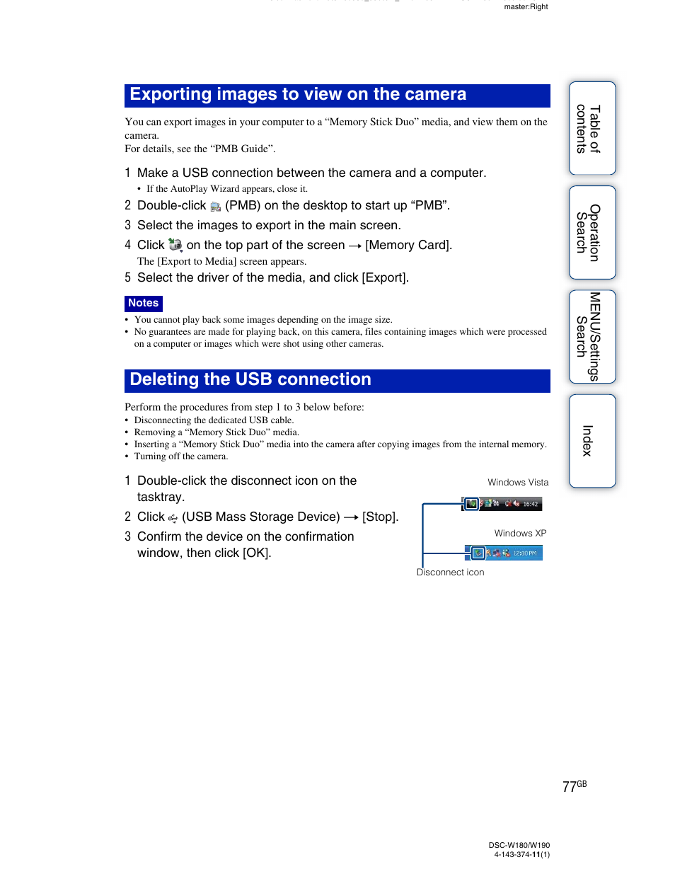 Exporting images to view on the camera, Deleting the usb connection | Sony Cyber-shot 4-143-374-11(1) User Manual | Page 77 / 104