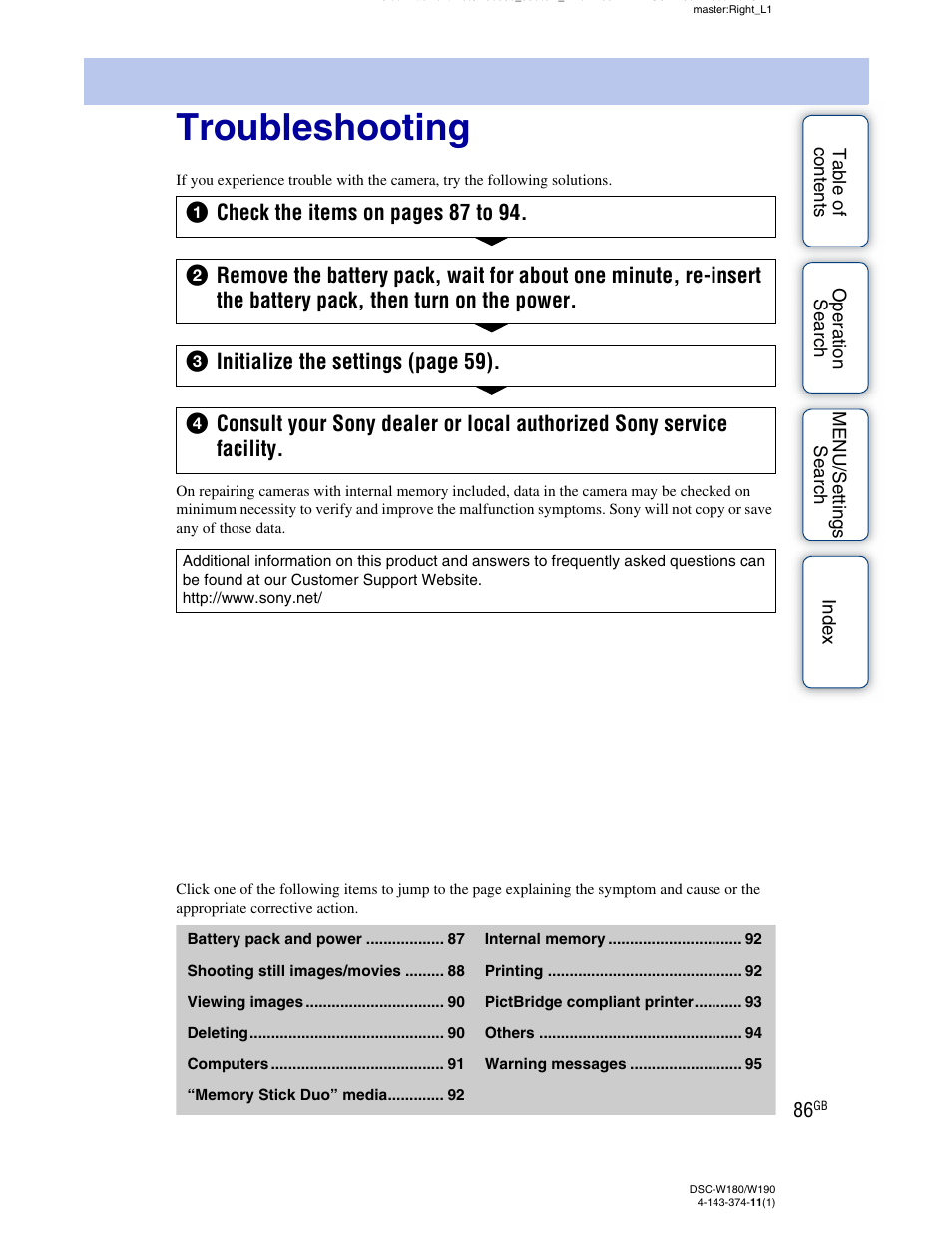 Troubleshooting | Sony Cyber-shot 4-143-374-11(1) User Manual | Page 86 / 104