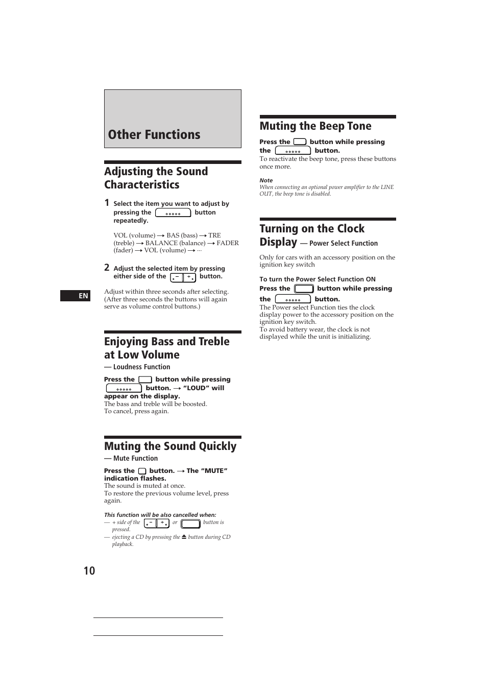 Other functions, Adjusting the sound characteristics, Enjoying bass and treble at low volume | Muting the sound quickly, Muting the beep tone, Turning on the clock display | Sony CDX-3002 User Manual | Page 10 / 60