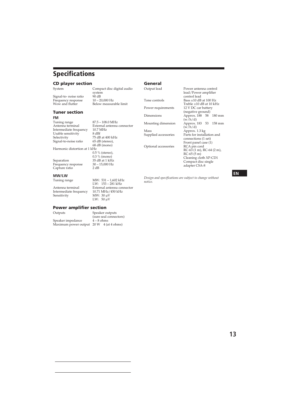 Specifications | Sony CDX-3002 User Manual | Page 13 / 60