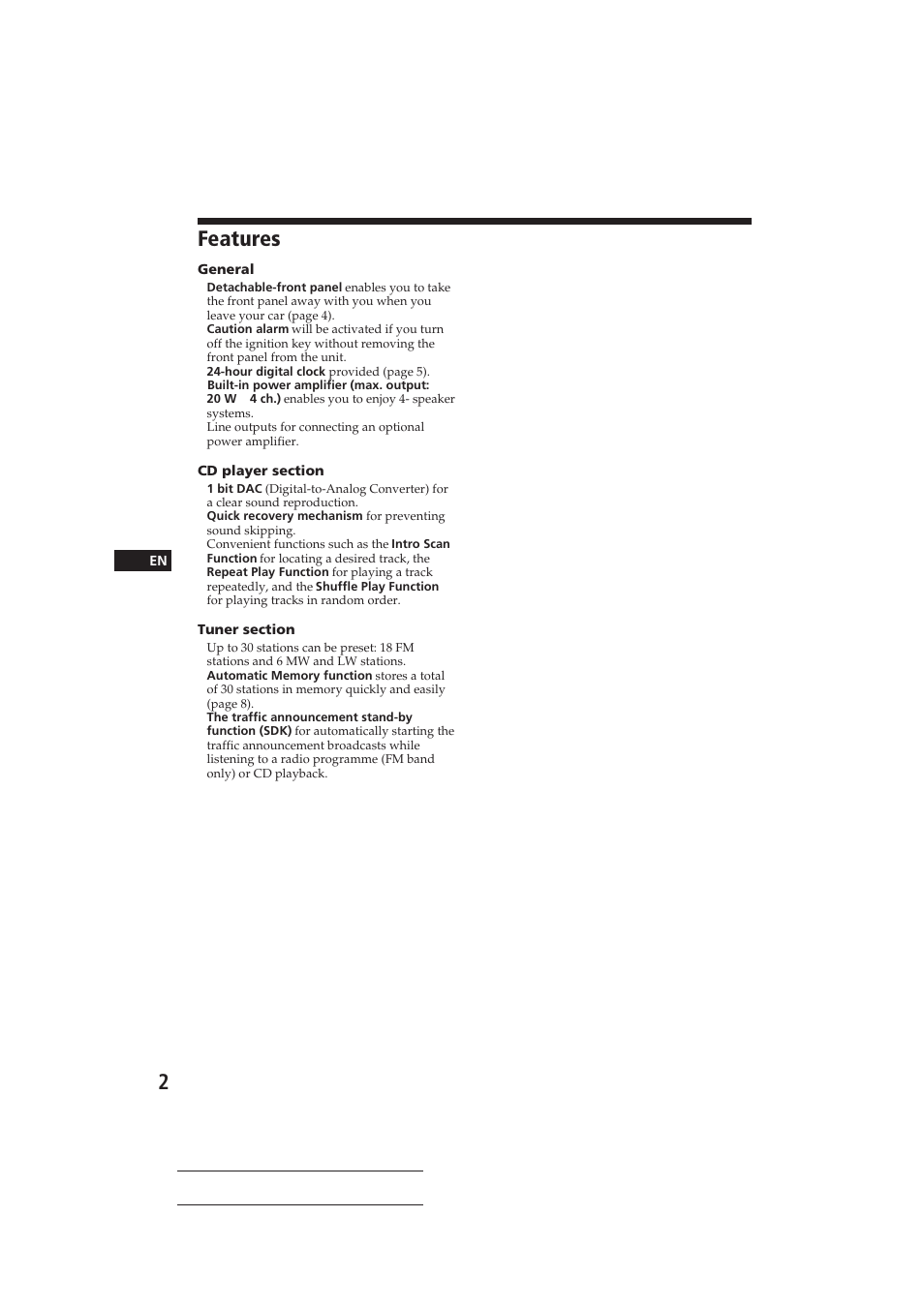 Features | Sony CDX-3002 User Manual | Page 2 / 60