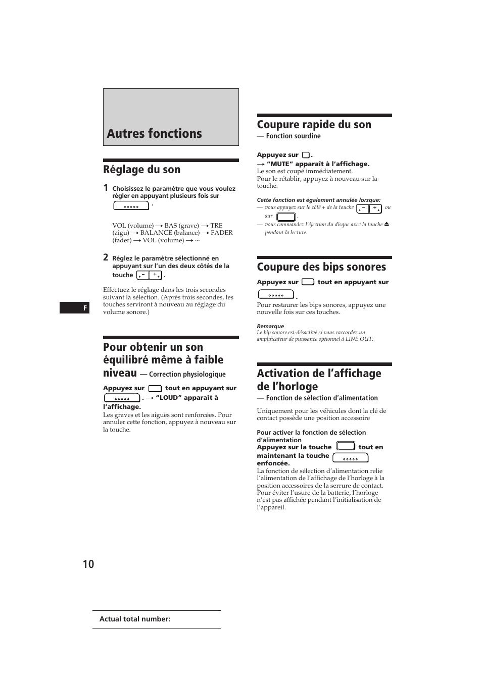 Autres fonctions, Réglage du son, Pour obtenir un son équilibré même à faible niveau | Coupure rapide du son, Coupure des bips sonores, Activation de l’affichage de l’horloge | Sony CDX-3002 User Manual | Page 24 / 60