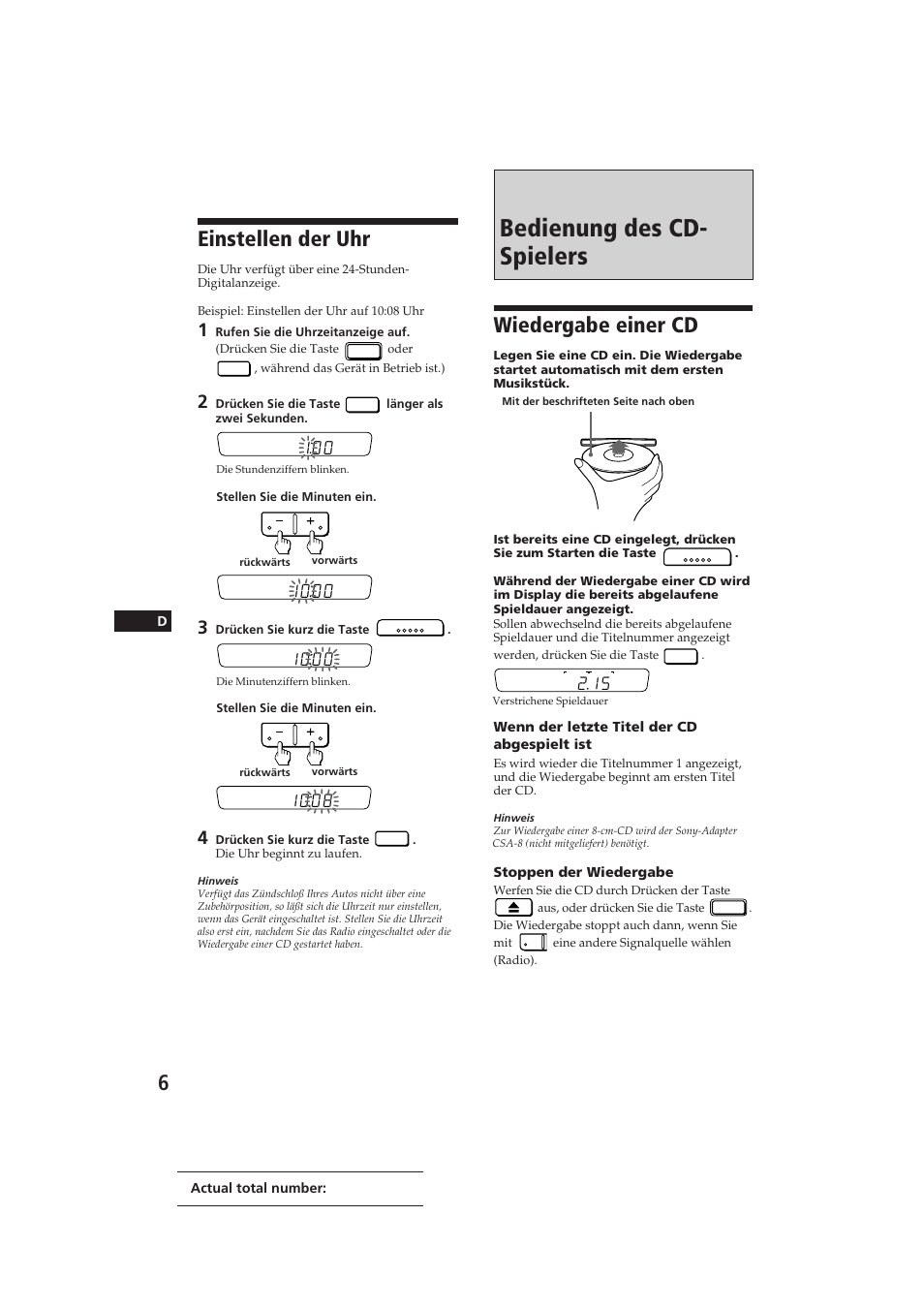 Bedienung des cd- spielers, Wiedergabe einer cd, Einstellen der uhr | Sony CDX-3002 User Manual | Page 34 / 60