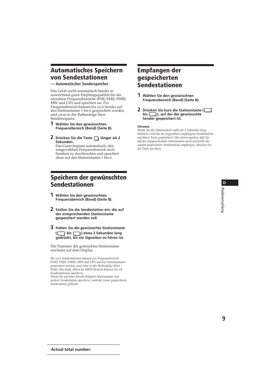 Automatisches speichern von sendestationen, Speichern der gewünschten sendestationen, Empfangen der gespeicherten sendestationen | Sony CDX-3002 User Manual | Page 37 / 60