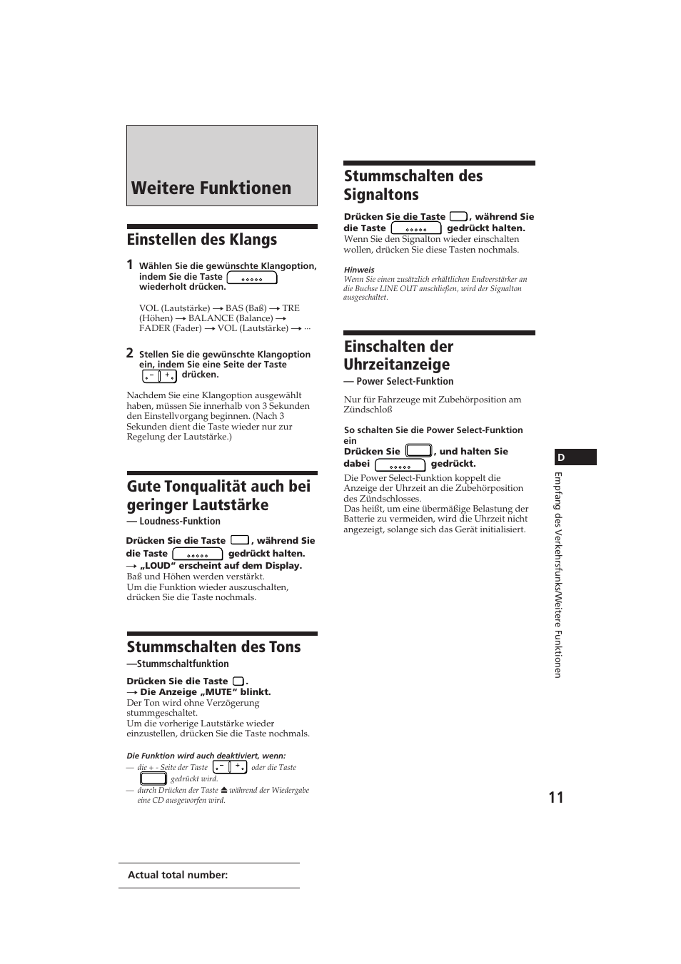 Weitere funktionen, Einstellen des klangs, Gute tonqualität auch bei geringer lautstärke | Stummschalten des tons, Stummschalten des signaltons, Einschalten der uhrzeitanzeige | Sony CDX-3002 User Manual | Page 39 / 60