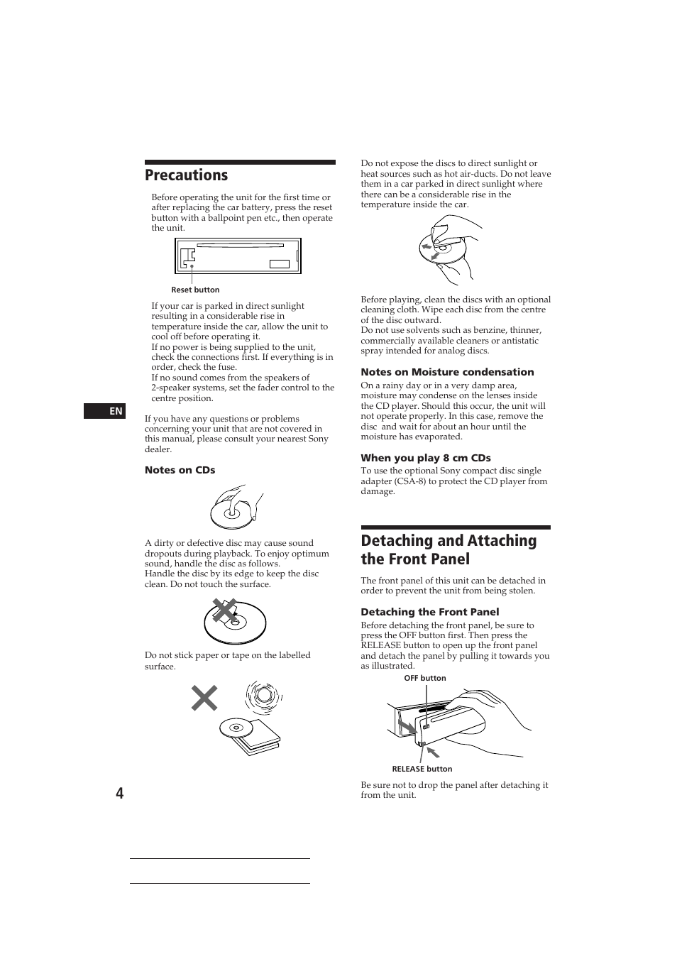 Detaching and attaching the front panel, Precautions | Sony CDX-3002 User Manual | Page 4 / 60