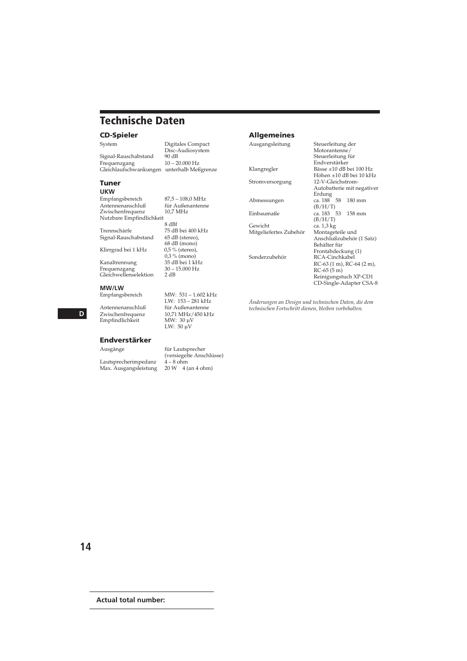 Technische daten | Sony CDX-3002 User Manual | Page 42 / 60