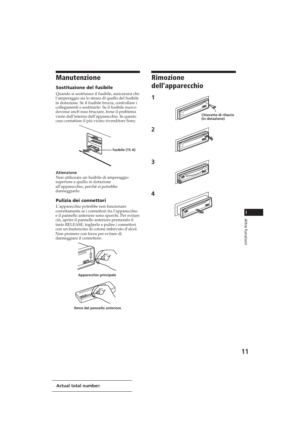 Manutenzione, Rimozione dell’apparecchio | Sony CDX-3002 User Manual | Page 54 / 60