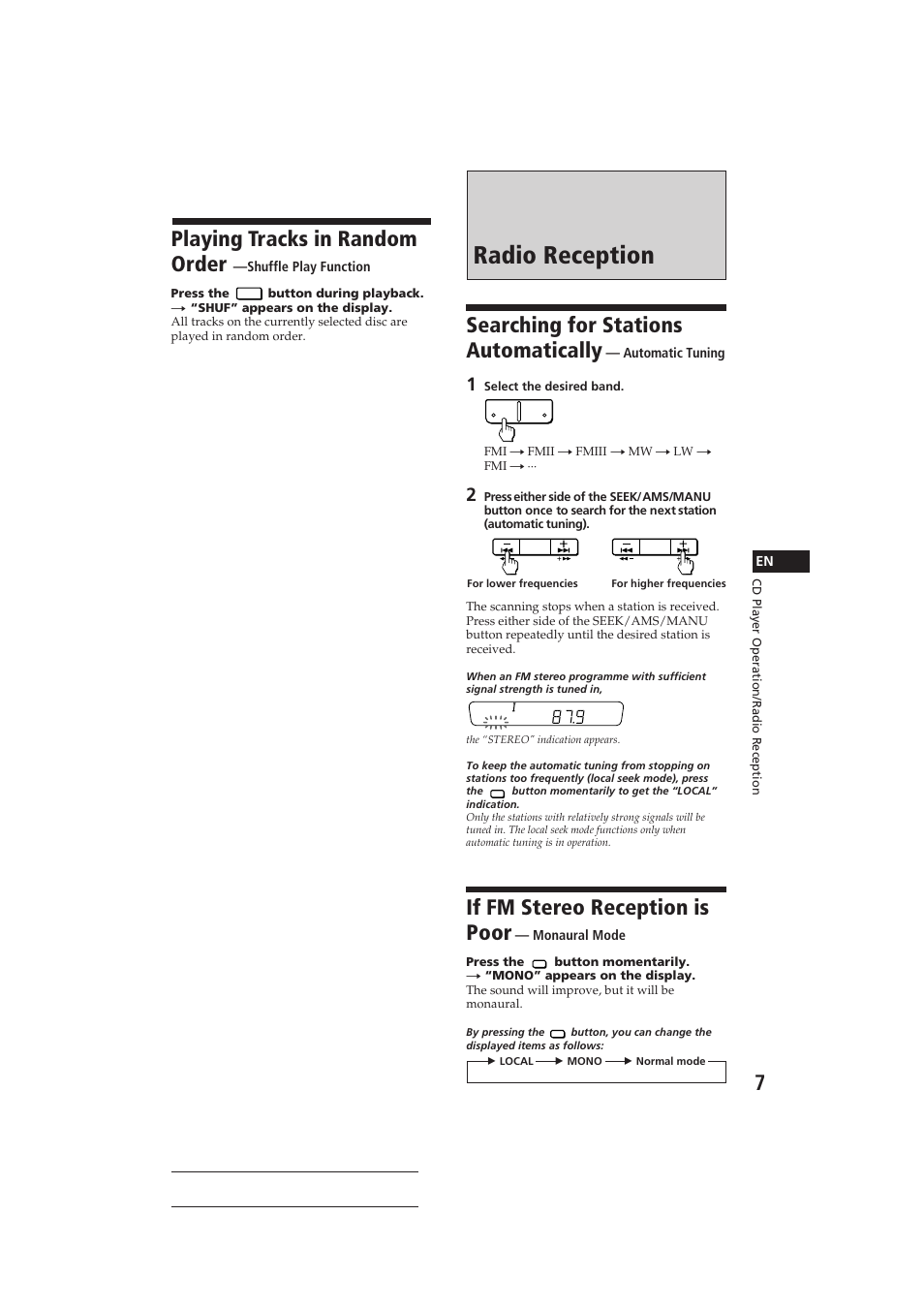 Radio reception, Playing tracks in random order, Searching for stations automatically | If fm stereo reception is poor | Sony CDX-3002 User Manual | Page 7 / 60