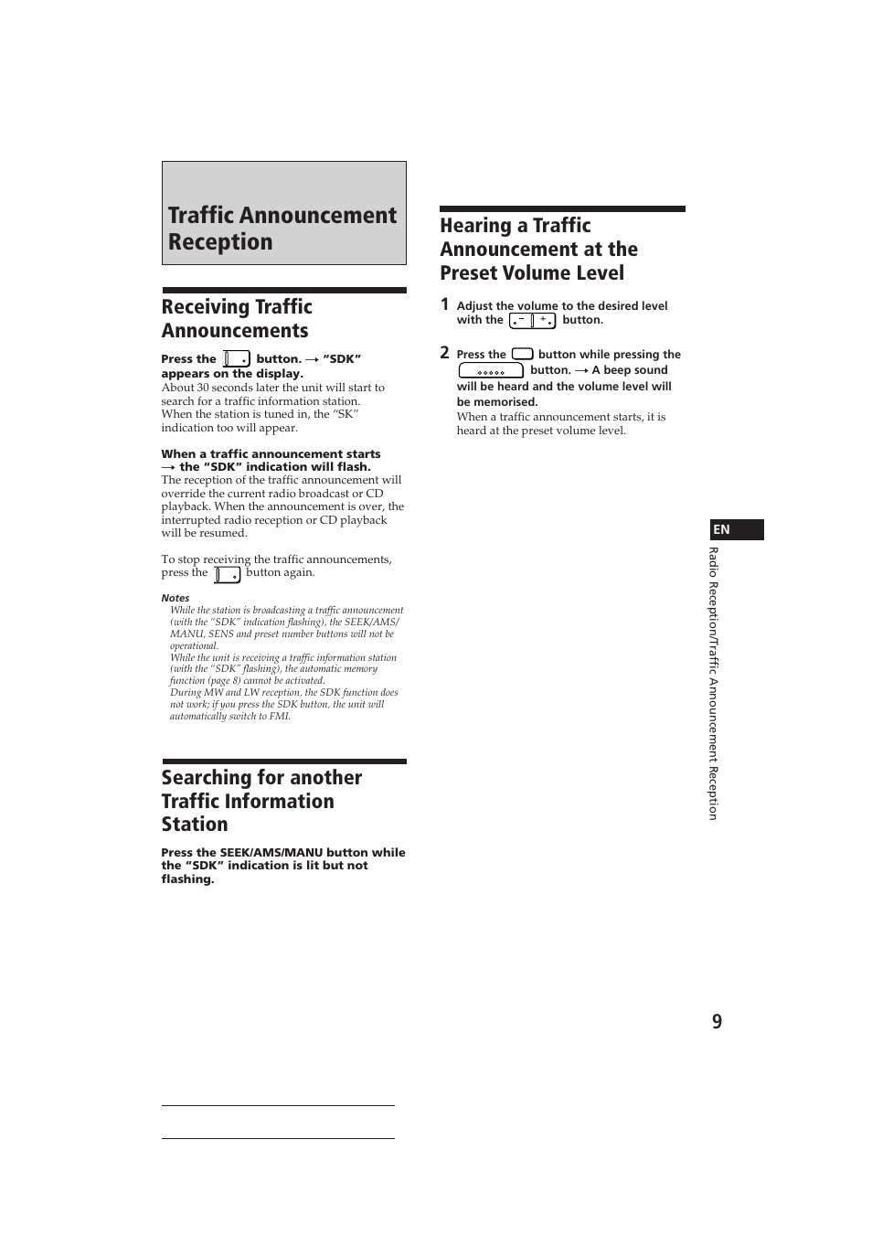 Traffic announcement reception, Receiving traffic announcements, Searching for another traffic information station | Sony CDX-3002 User Manual | Page 9 / 60