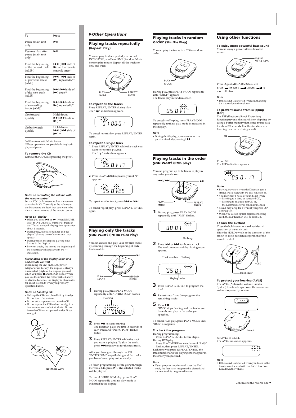 Z other operations playing tracks repeatedly, Playing only the tracks you want, Playing tracks in random order | Playing tracks in the order you want, Using other functions | Sony D-465 User Manual | Page 2 / 4
