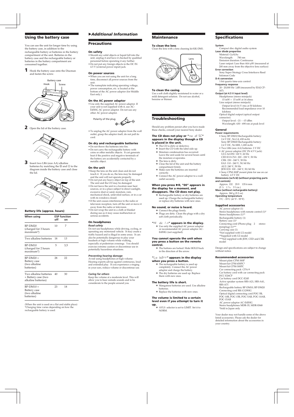 Using the battery case, Z additional information precautions, Specifications | Maintenance, Troubleshooting | Sony D-465 User Manual | Page 4 / 4