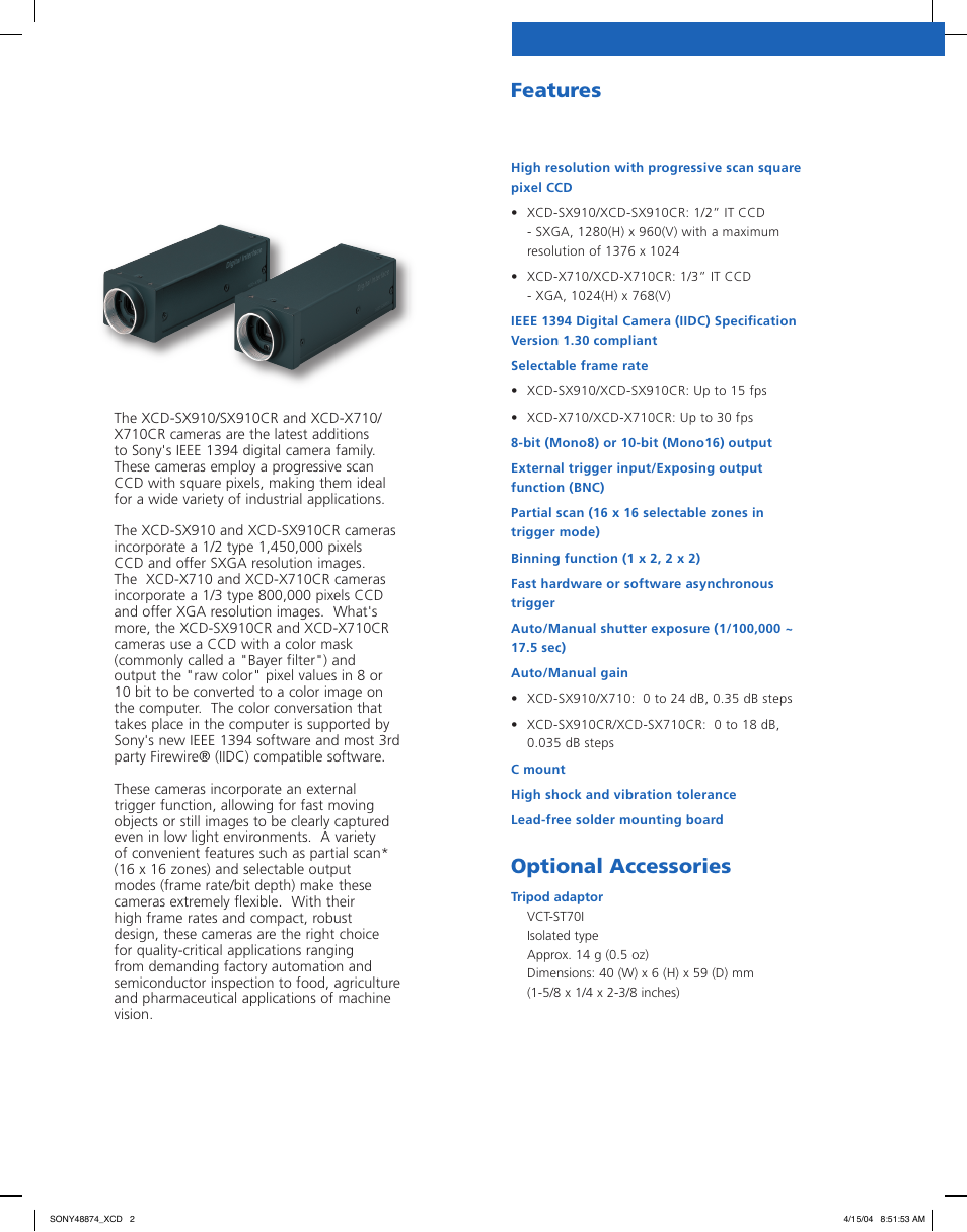 Features optional accessories | Sony XCD-X710CR User Manual | Page 2 / 4