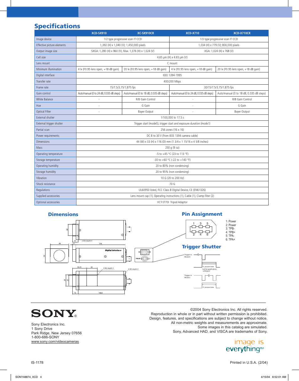 Specifi cations, Dimensions pin assignment trigger shutter | Sony XCD-X710CR User Manual | Page 4 / 4