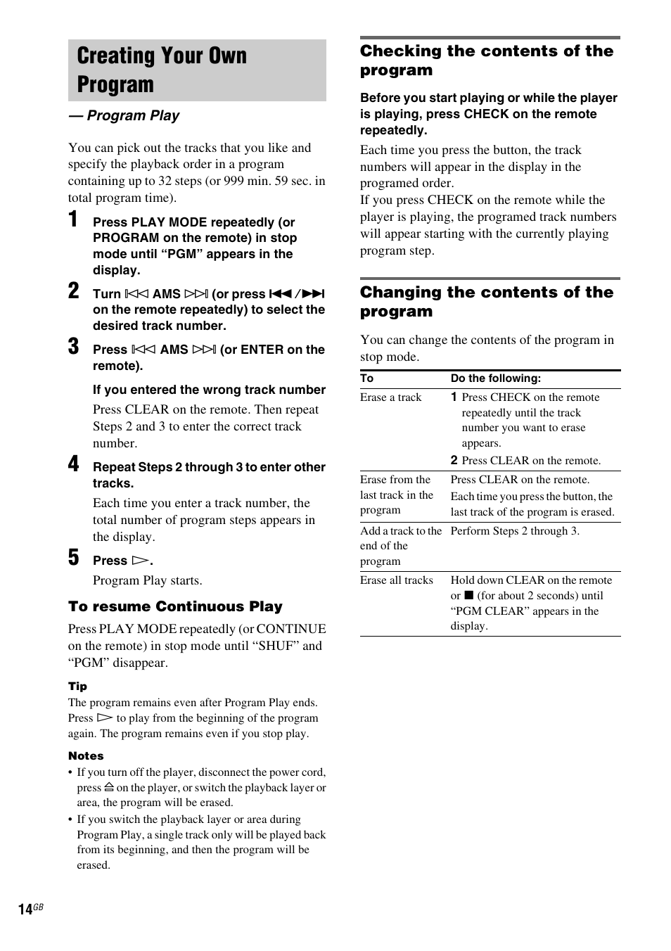 Creating your own program, Program play | Sony SCD-XE597 User Manual | Page 14 / 96