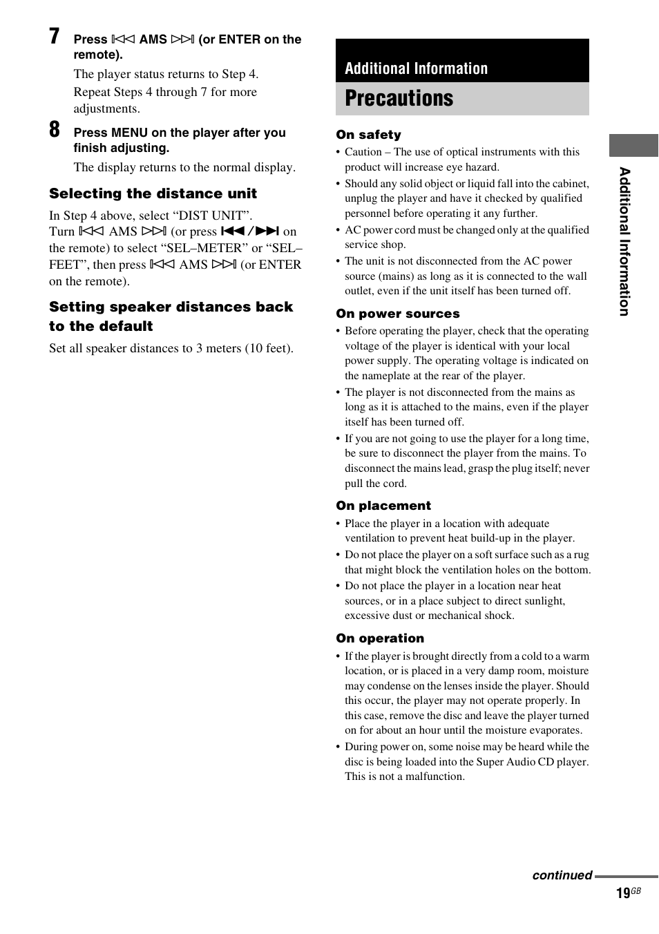 Additional information, Precautions | Sony SCD-XE597 User Manual | Page 19 / 96