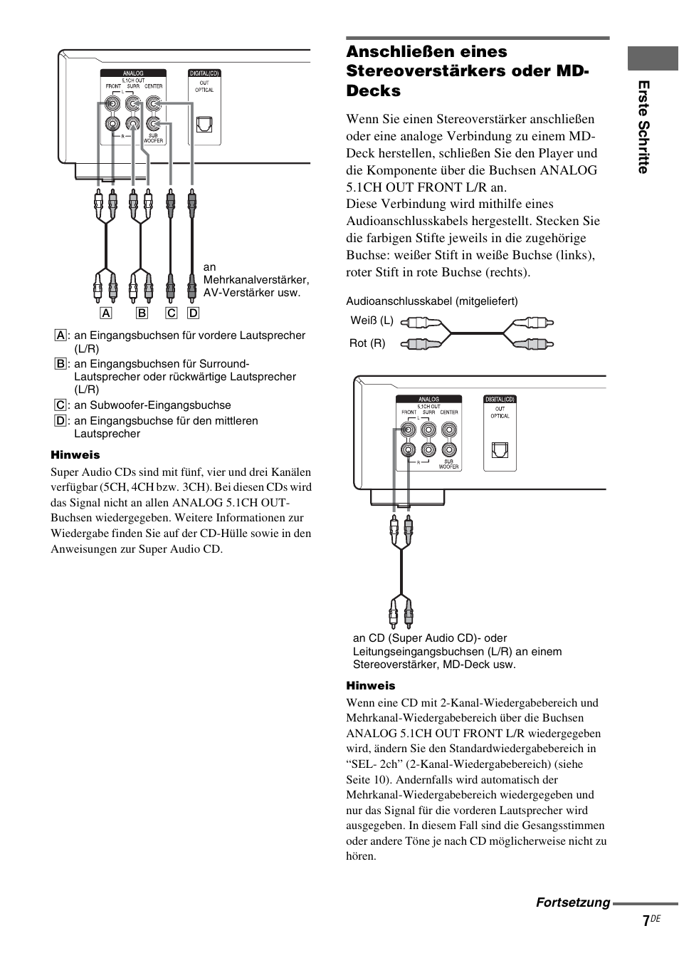 Anschließen eines stereoverstärkers oder md- decks, Erste s c hr itte 7 | Sony SCD-XE597 User Manual | Page 55 / 96