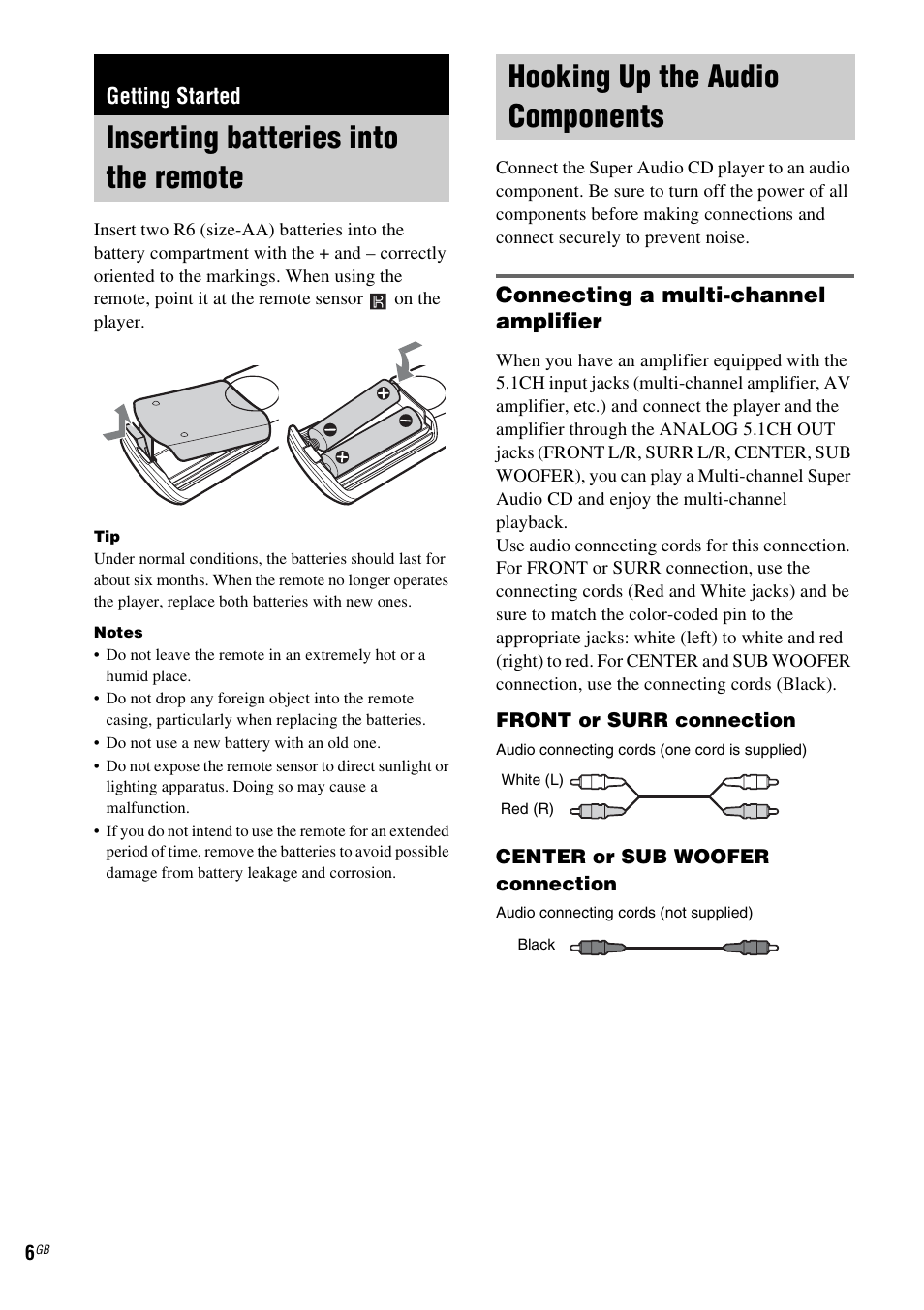 Getting started, Inserting batteries into the remote, Hooking up the audio components | Connecting a multi-channel amplifier | Sony SCD-XE597 User Manual | Page 6 / 96