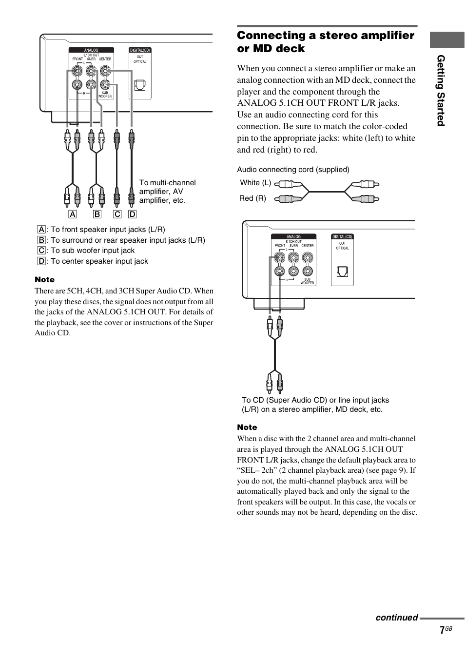 Connecting a stereo amplifier or md deck, Ge tting star te d 7 | Sony SCD-XE597 User Manual | Page 7 / 96