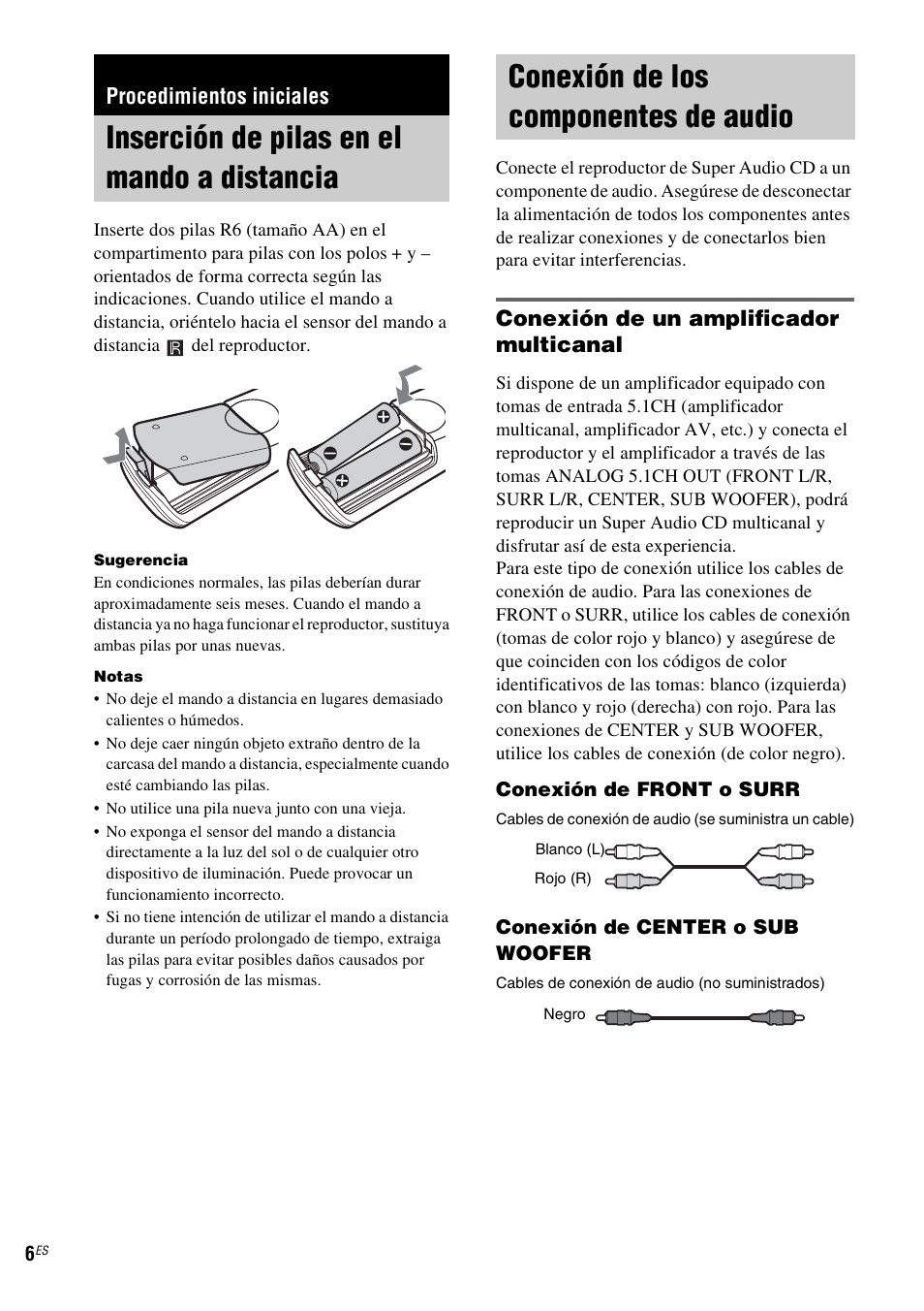 Procedimientos iniciales, Inserción de pilas en el mando a distancia, Conexión de los componentes de audio | Conexión de un amplificador multicanal | Sony SCD-XE597 User Manual | Page 78 / 96