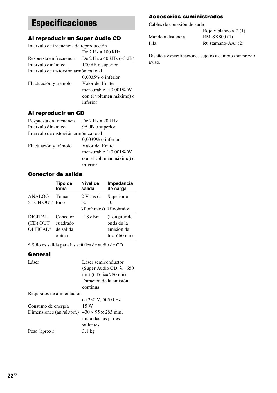 Especificaciones | Sony SCD-XE597 User Manual | Page 94 / 96