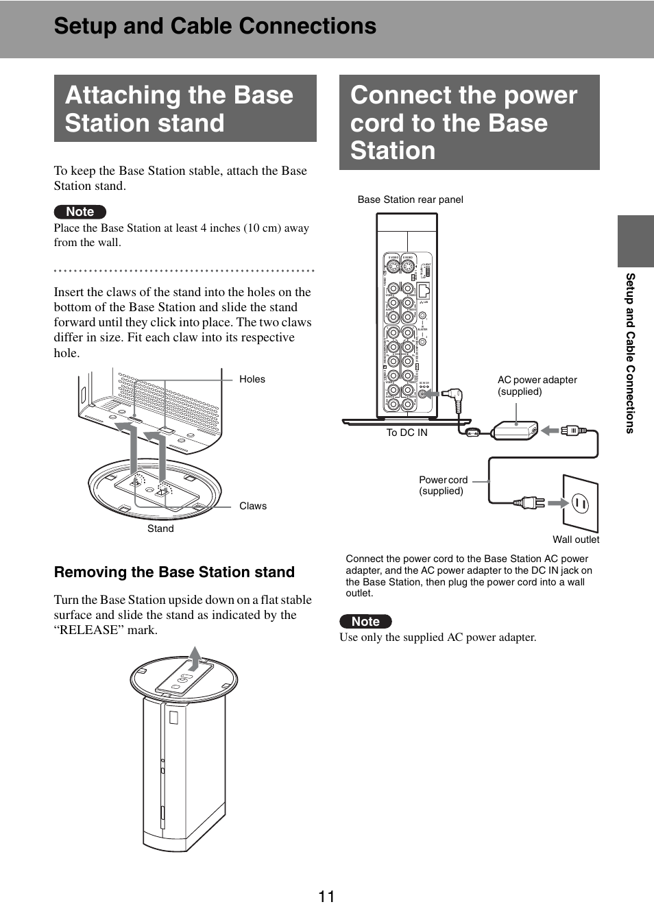 Setup and cable connections, Attaching the base station stand, Connect the power cord to the base station | Removing the base station stand, Use only the supplied ac power adapter, Se tup a nd ca b le con n ec tions, Holes stand claws | Sony LF-V30 User Manual | Page 11 / 42