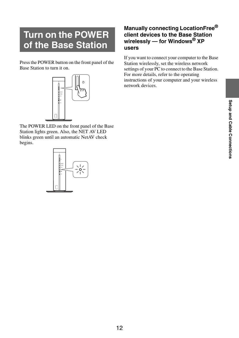 Turn on the power of the base station, Manually connecting locationfree, Xp users | Sony LF-V30 User Manual | Page 12 / 42