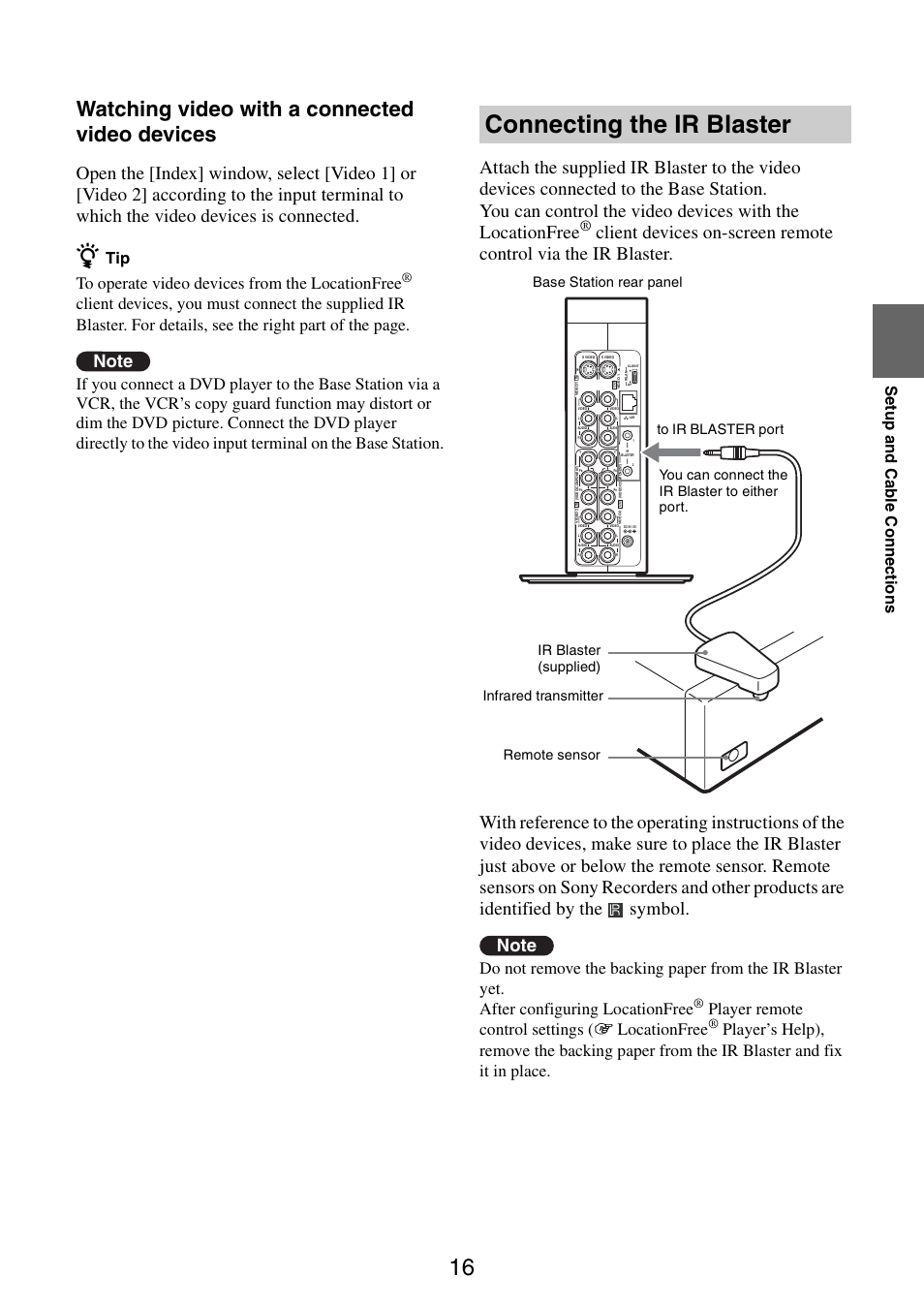 Connecting the ir blaster, Watching video with a connected video devices, Player remote control settings ( 1 locationfree | Se tup a nd ca b le con n ec tions | Sony LF-V30 User Manual | Page 16 / 42