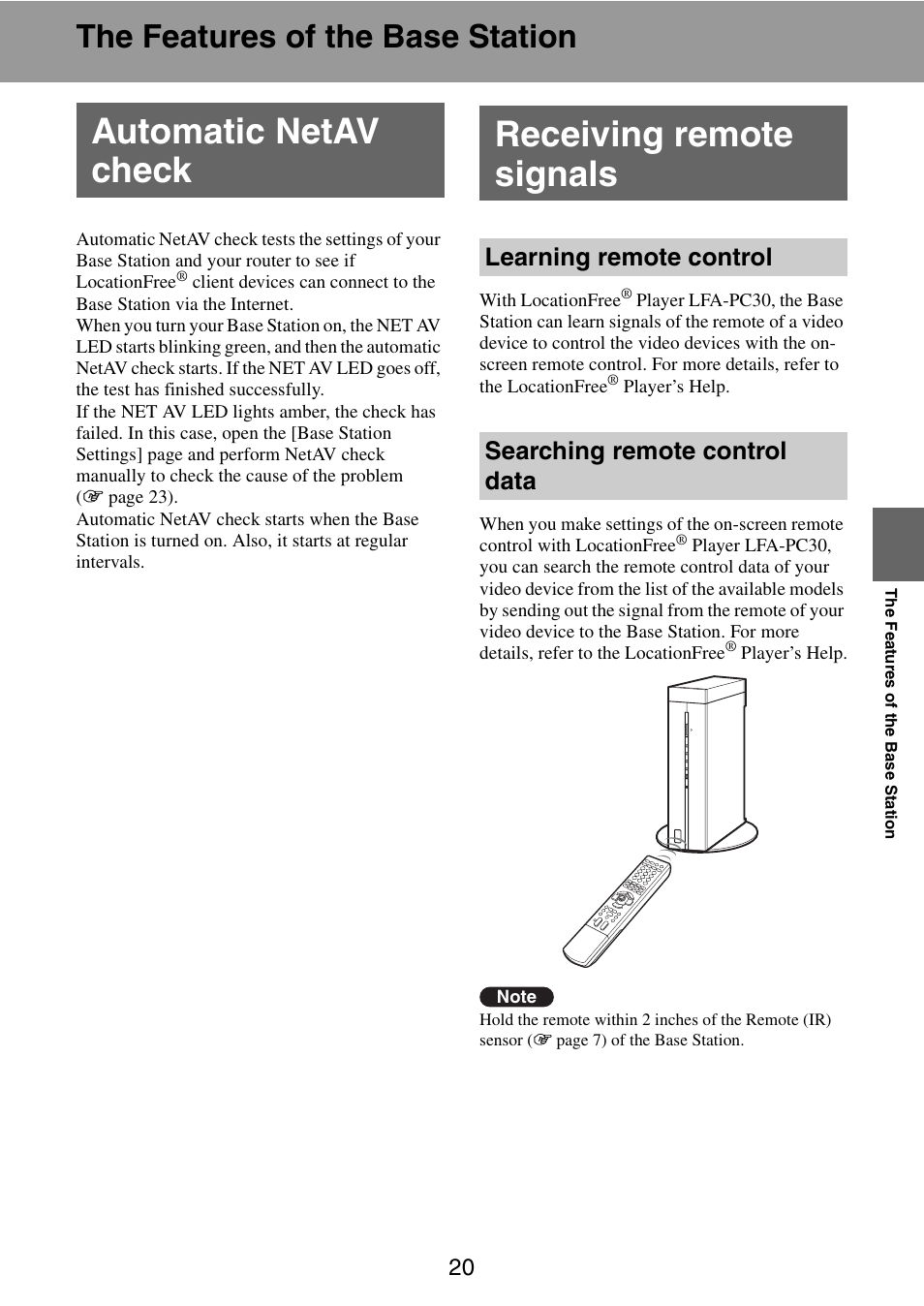 The features of the base station, Automatic netav check, Receiving remote signals | Learning remote control, Searching remote control data, Automatic netav check receiving remote signals | Sony LF-V30 User Manual | Page 20 / 42