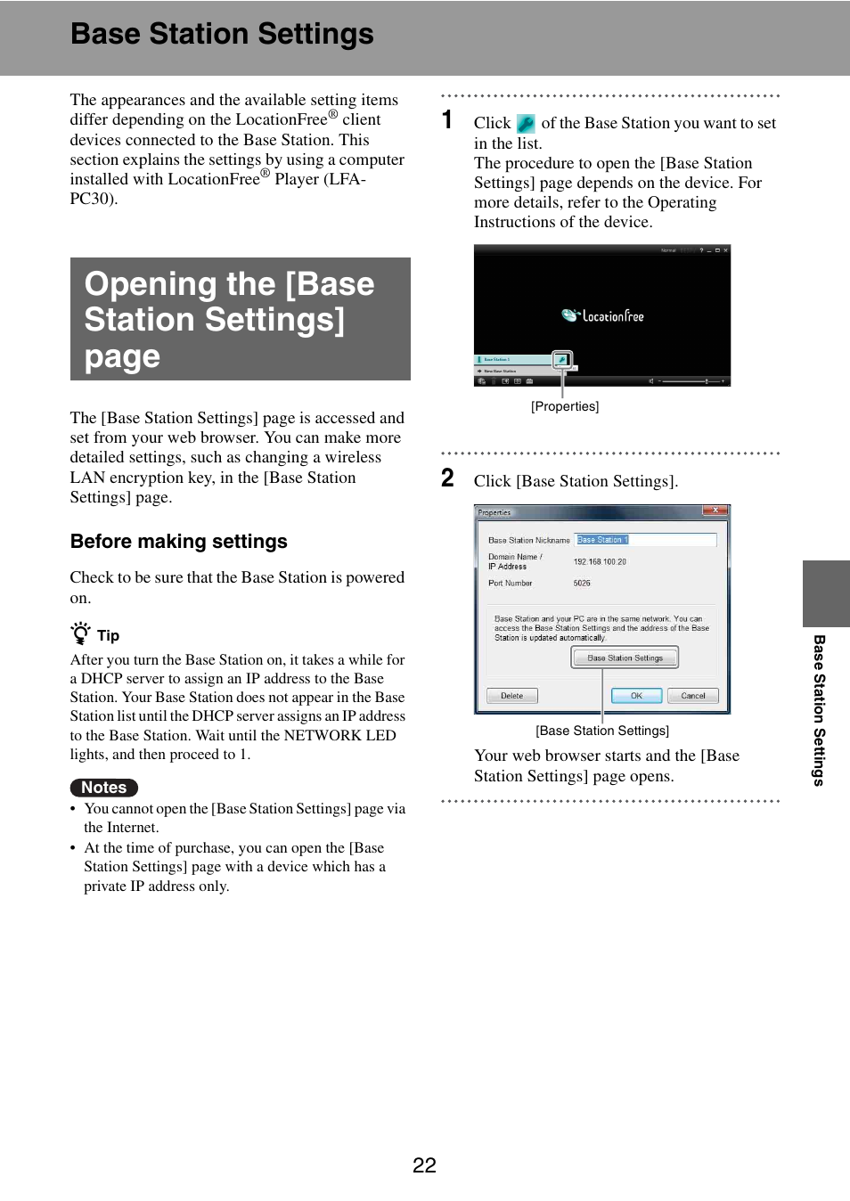 Base station settings, Opening the [base station settings] page | Sony LF-V30 User Manual | Page 22 / 42