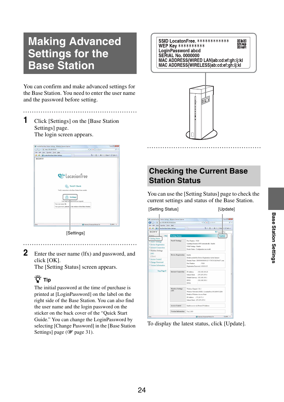 Making advanced settings for the base station, Checking the current base station status | Sony LF-V30 User Manual | Page 24 / 42