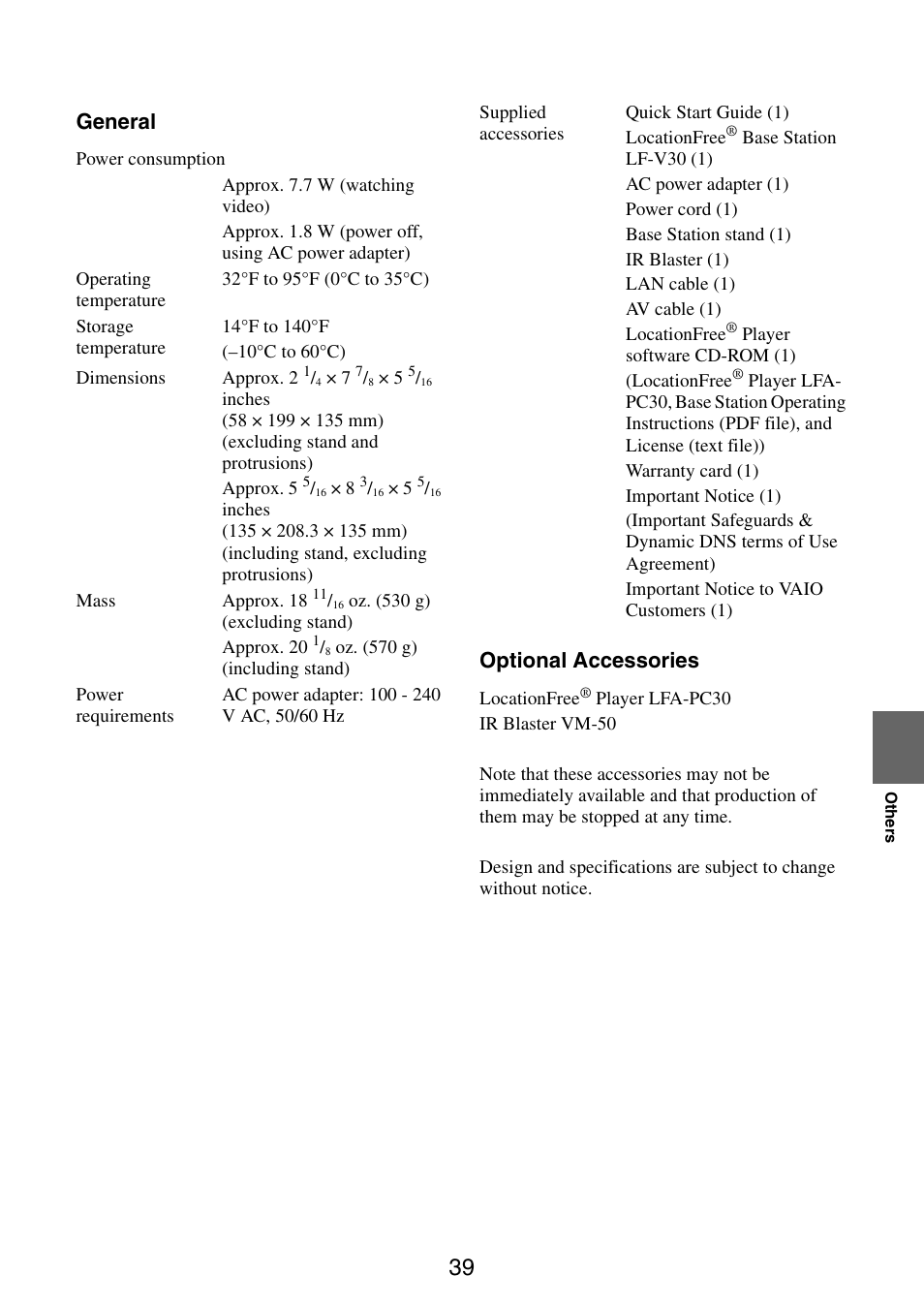 Optional accessories, General | Sony LF-V30 User Manual | Page 39 / 42
