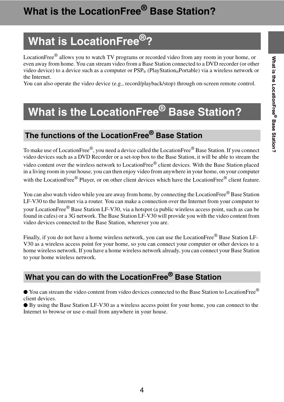 What is the locationfree® base station, What is locationfree, The functions of the locationfree® base station | What is the locationfree, Base station, The functions of the locationfree, Base station what you can do with the locationfree | Sony LF-V30 User Manual | Page 4 / 42