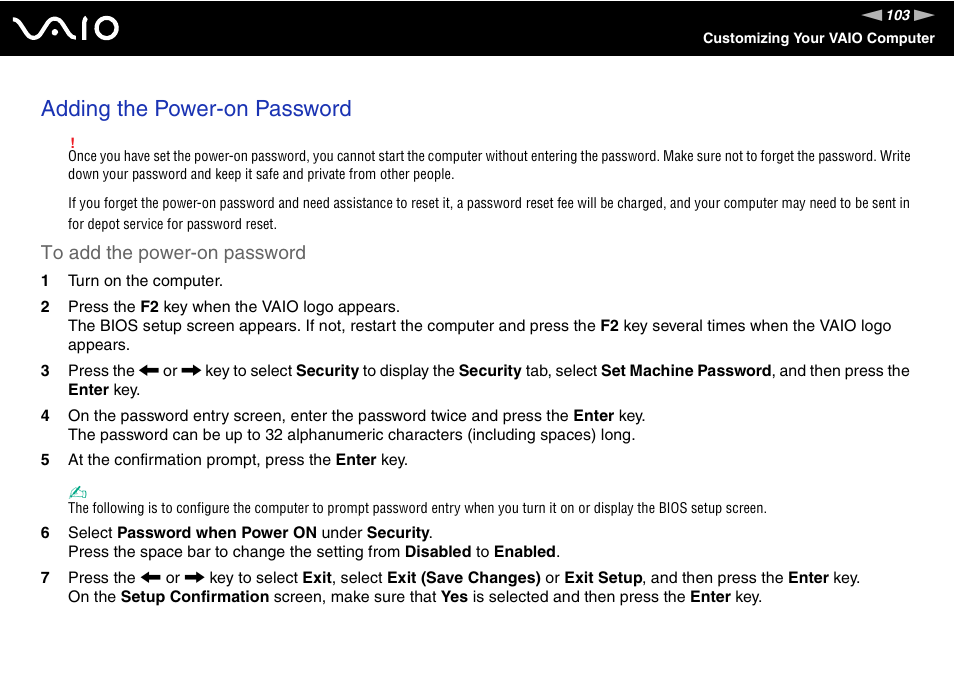 Adding the power-on password | Sony VGN-SZ200 User Manual | Page 103 / 224