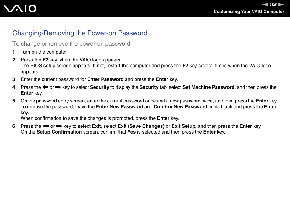 Changing/removing the power-on password | Sony VGN-SZ200 User Manual | Page 105 / 224