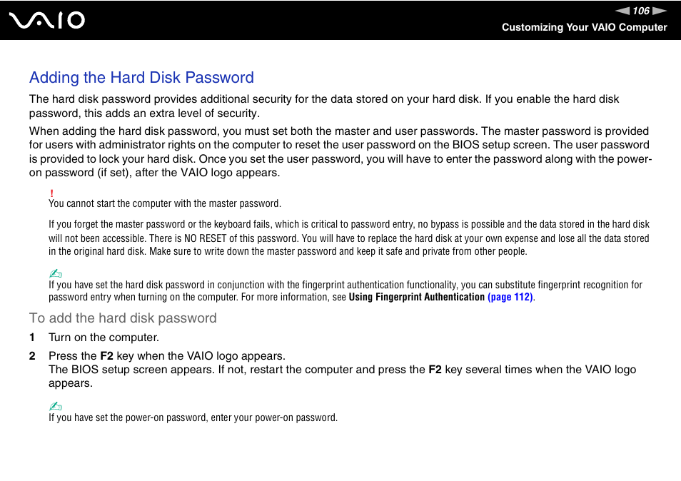 Adding the hard disk password | Sony VGN-SZ200 User Manual | Page 106 / 224