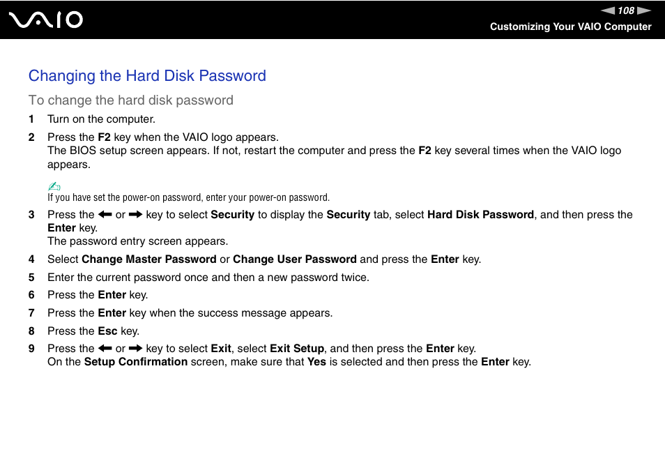 Changing the hard disk password | Sony VGN-SZ200 User Manual | Page 108 / 224