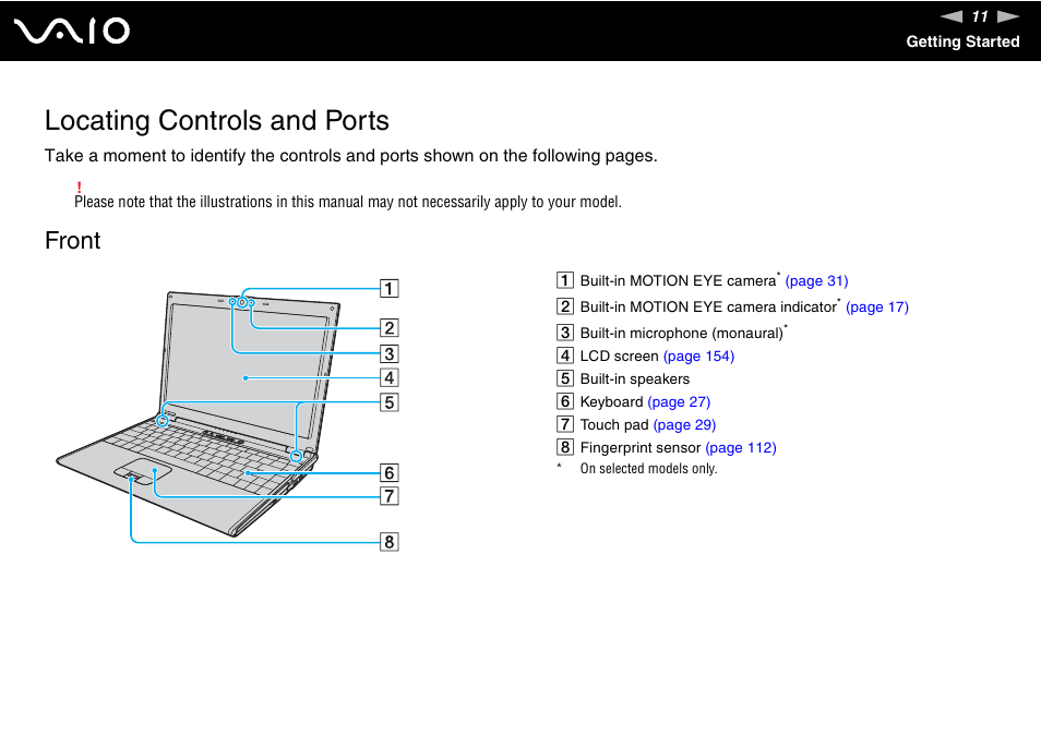 Locating controls and ports, Front | Sony VGN-SZ200 User Manual | Page 11 / 224