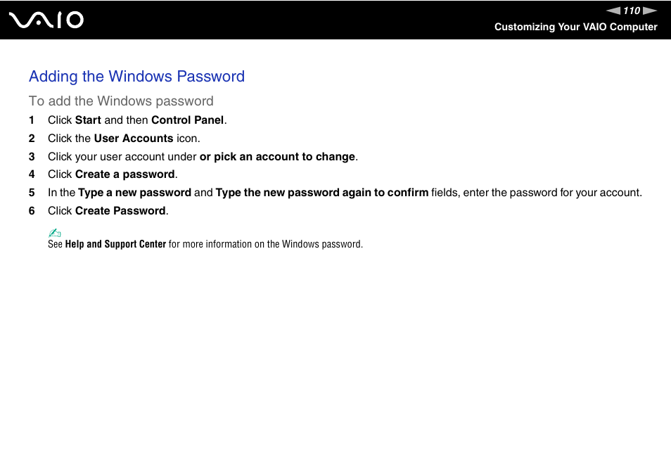 Adding the windows password | Sony VGN-SZ200 User Manual | Page 110 / 224