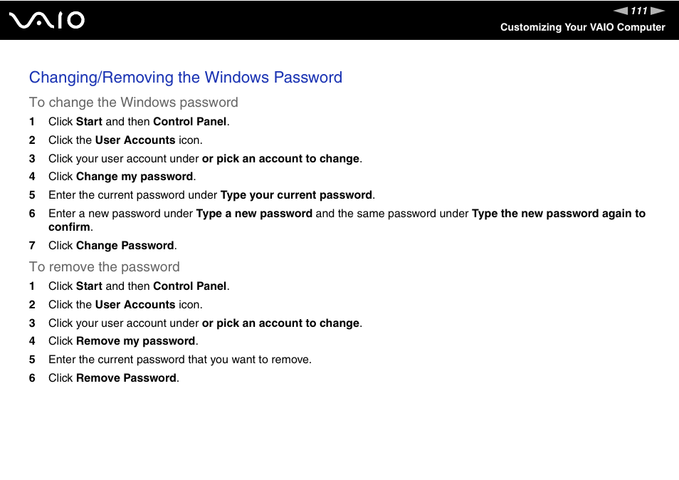 Changing/removing the windows password | Sony VGN-SZ200 User Manual | Page 111 / 224