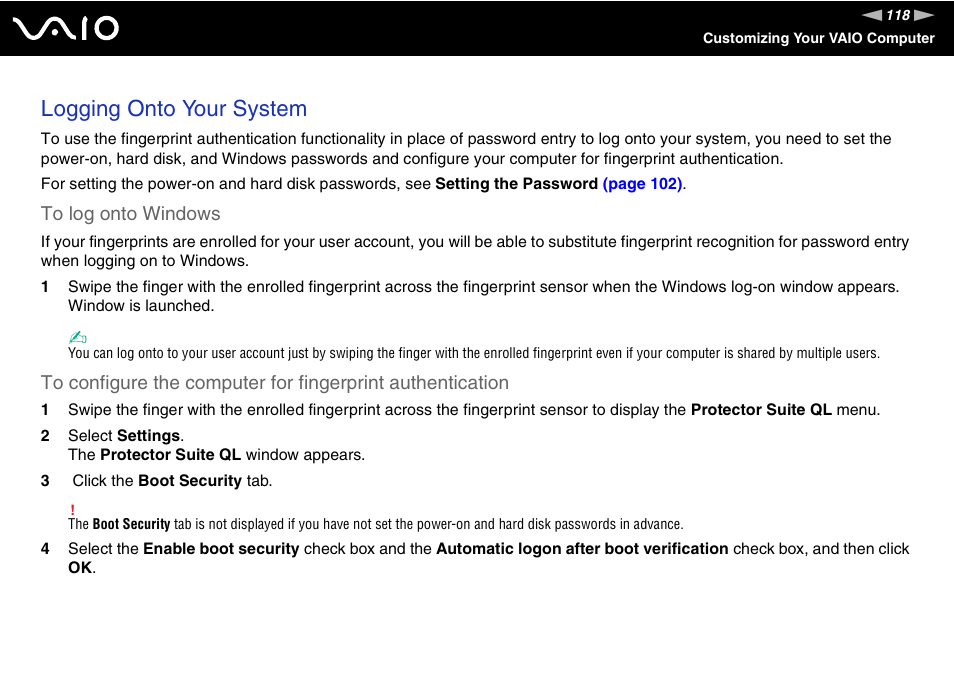 Logging onto your system | Sony VGN-SZ200 User Manual | Page 118 / 224