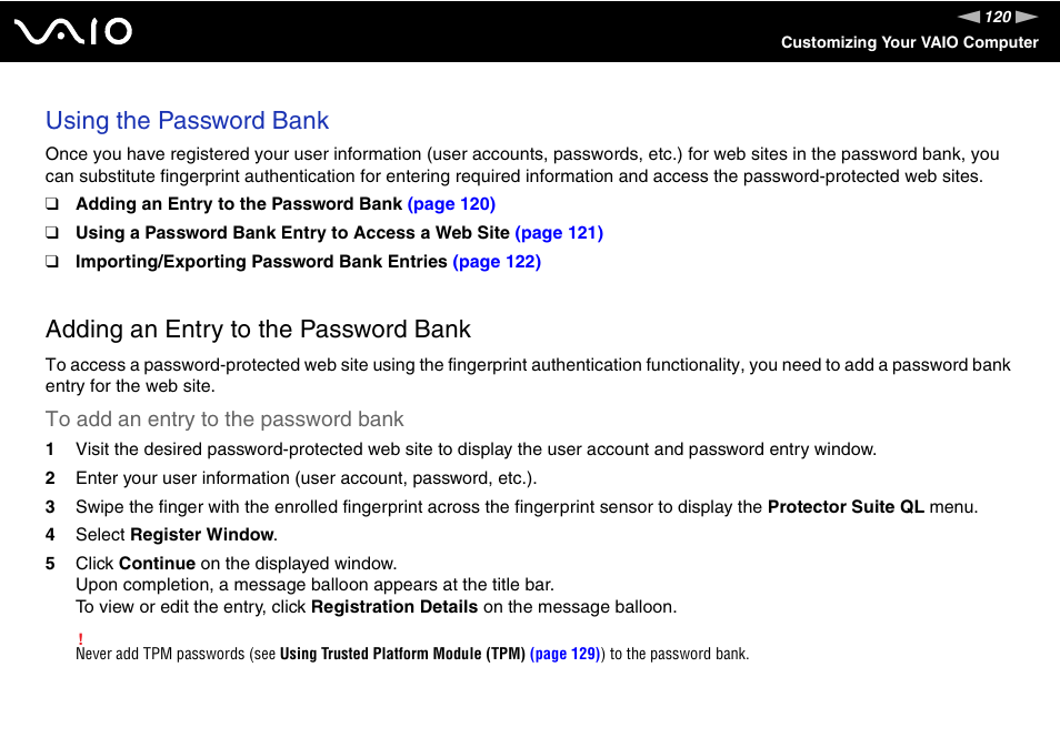 Using the password bank, Adding an entry to the password bank | Sony VGN-SZ200 User Manual | Page 120 / 224