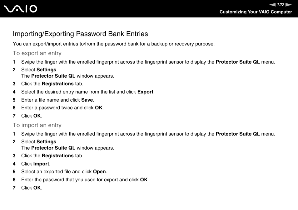 Importing/exporting password bank entries | Sony VGN-SZ200 User Manual | Page 122 / 224