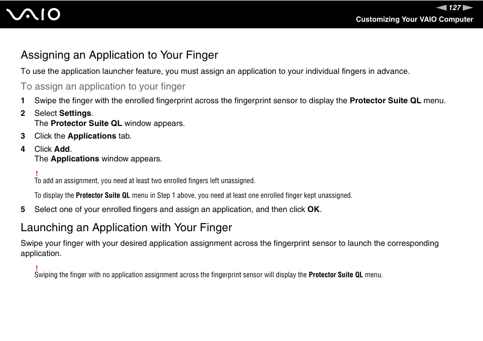 Assigning an application to your finger, Launching an application with your finger | Sony VGN-SZ200 User Manual | Page 127 / 224