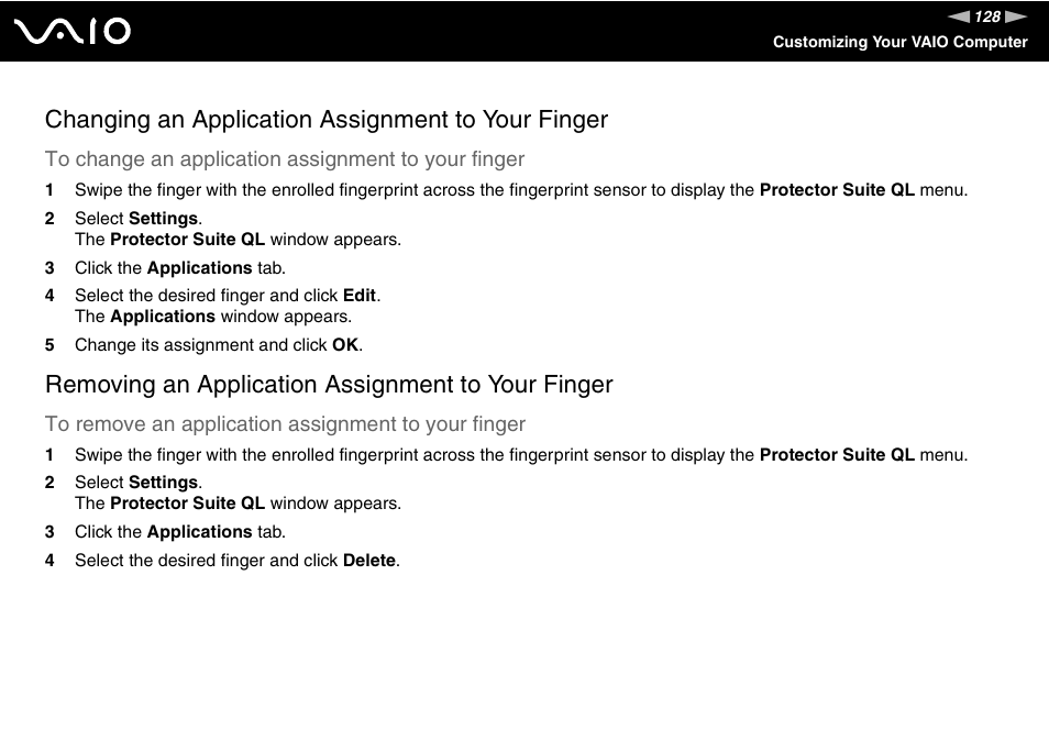 Changing an application assignment to your finger, Removing an application assignment to your finger | Sony VGN-SZ200 User Manual | Page 128 / 224