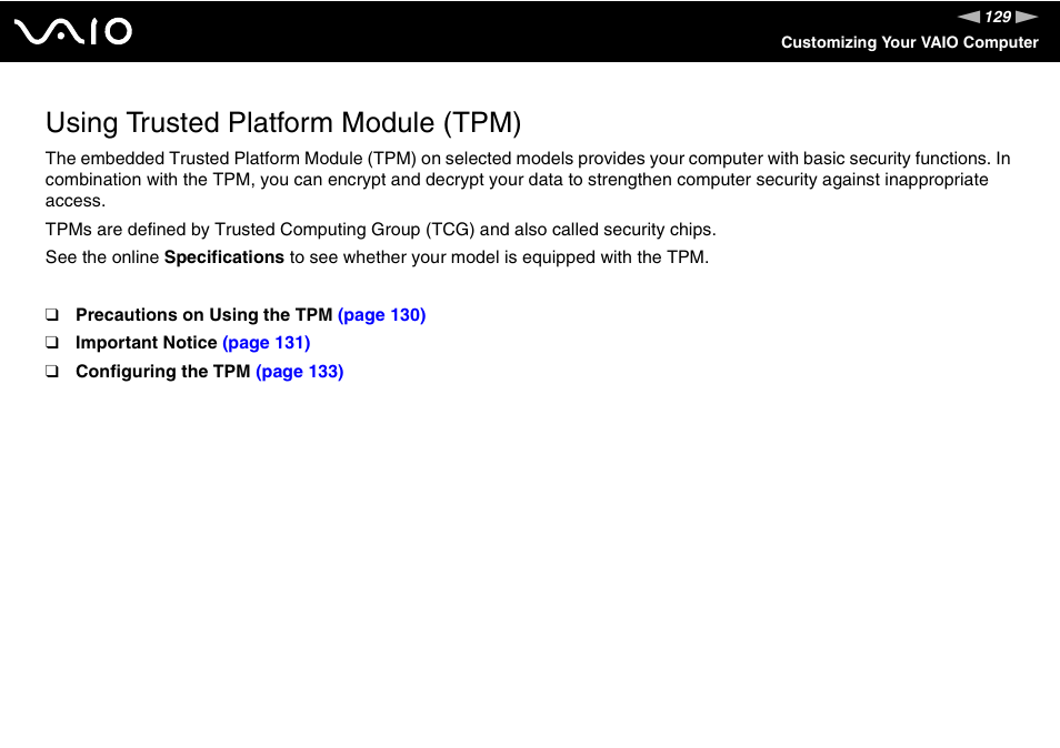 Using trusted platform module (tpm) | Sony VGN-SZ200 User Manual | Page 129 / 224